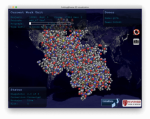 le projet Folding@Home, nous voyons un écran d'ordinateur sur lequel il y a la carte du Monde avec tous les ordinateurs de particuliers connectés représentés par des points