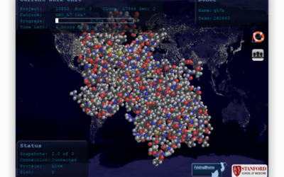 le projet Folding@Home, nous voyons un écran d'ordinateur sur lequel il y a la carte du Monde avec tous les ordinateurs de particuliers connectés représentés par des points