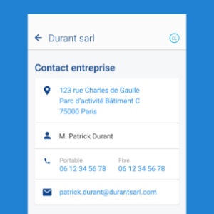 un écran de l'application sur le contact d'une entreprise