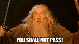 Gandalf le gris qui se confronte au grand Balrog en clamant: "Vous ne passerez pas!"